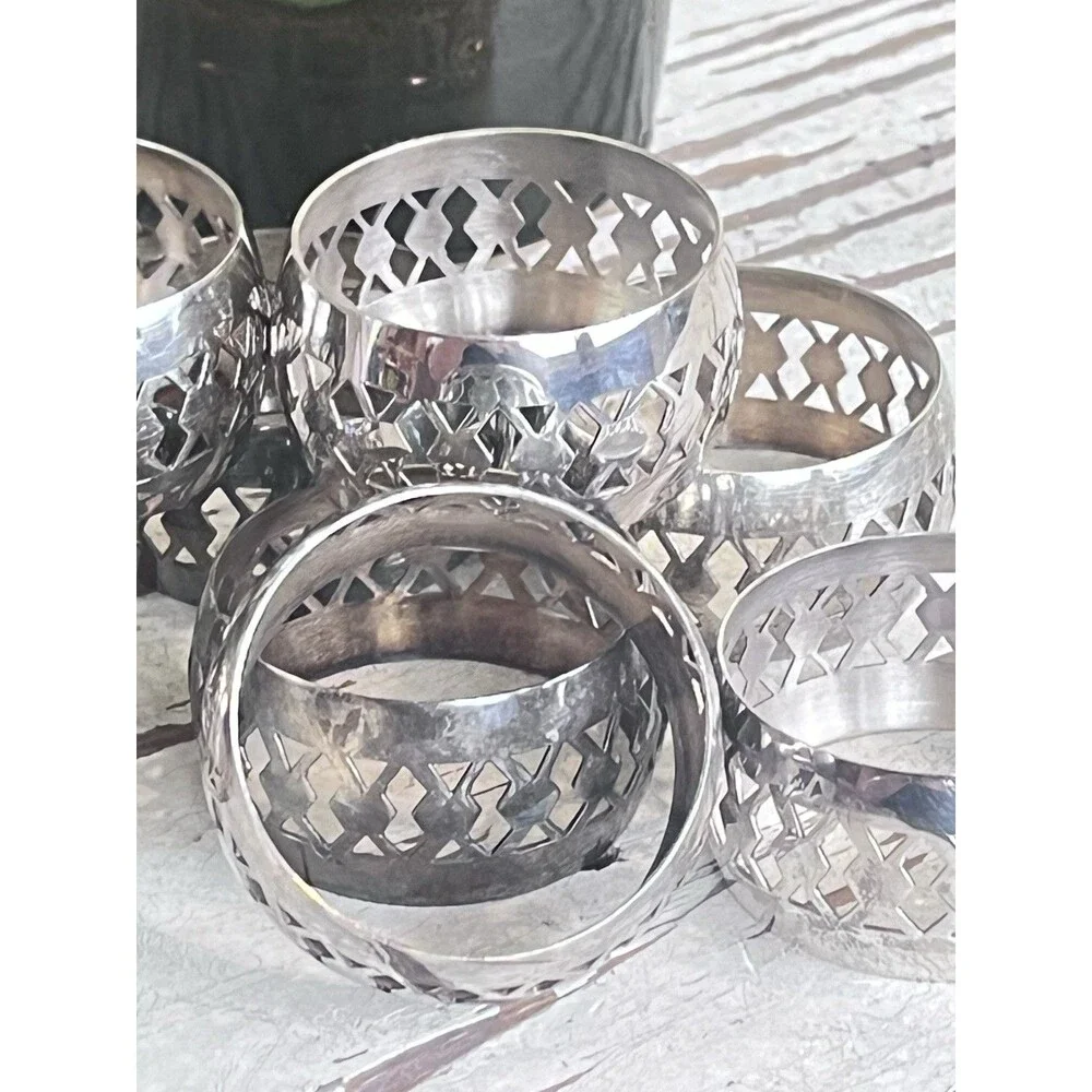 Vintage English Ornate Silver Plated EPNS Napkin Rings Tableware (Set Of 8)